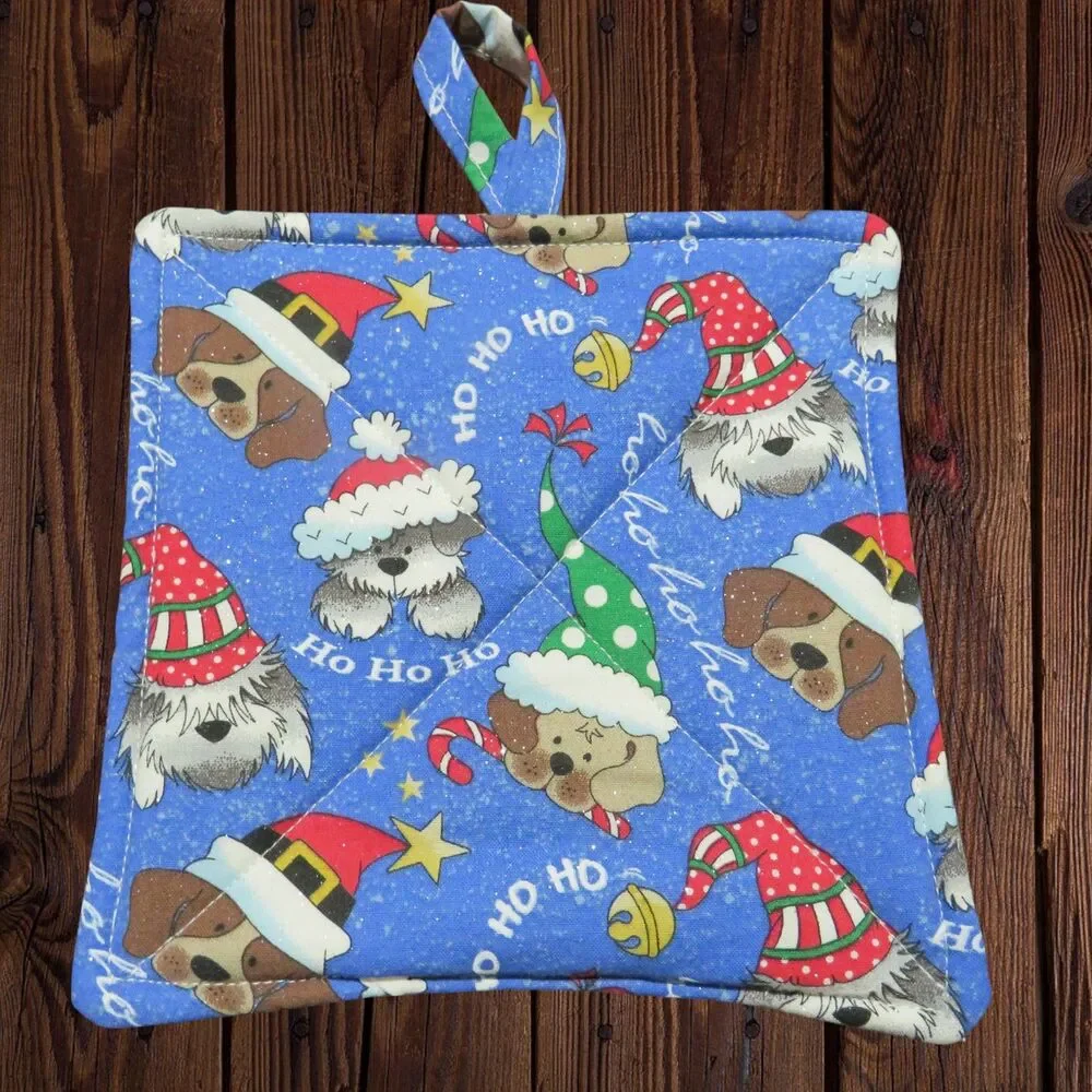 Potholder, Set of 2 Reversible Christmas Dogs GLITTER FABRIC and Christmas Trees